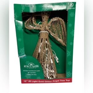 VTG Kurt Adler 12” Gold Glitter Angel Tree Top 20 Light in Box TESTED WORKS